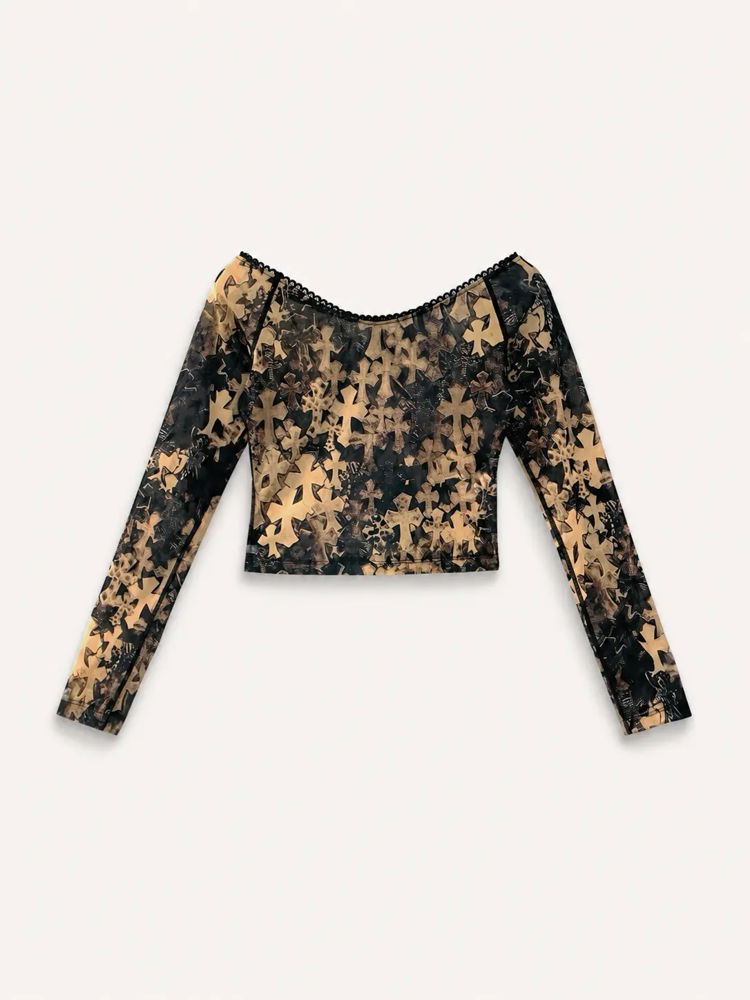 Cross Print Long Sleeve Crop Top