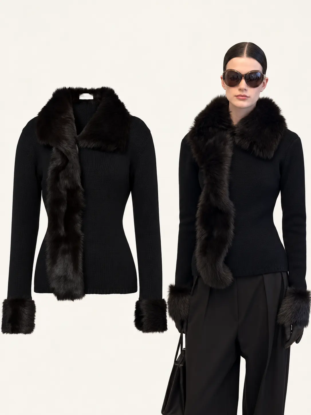Fur-Trimmed Knit Cardigan