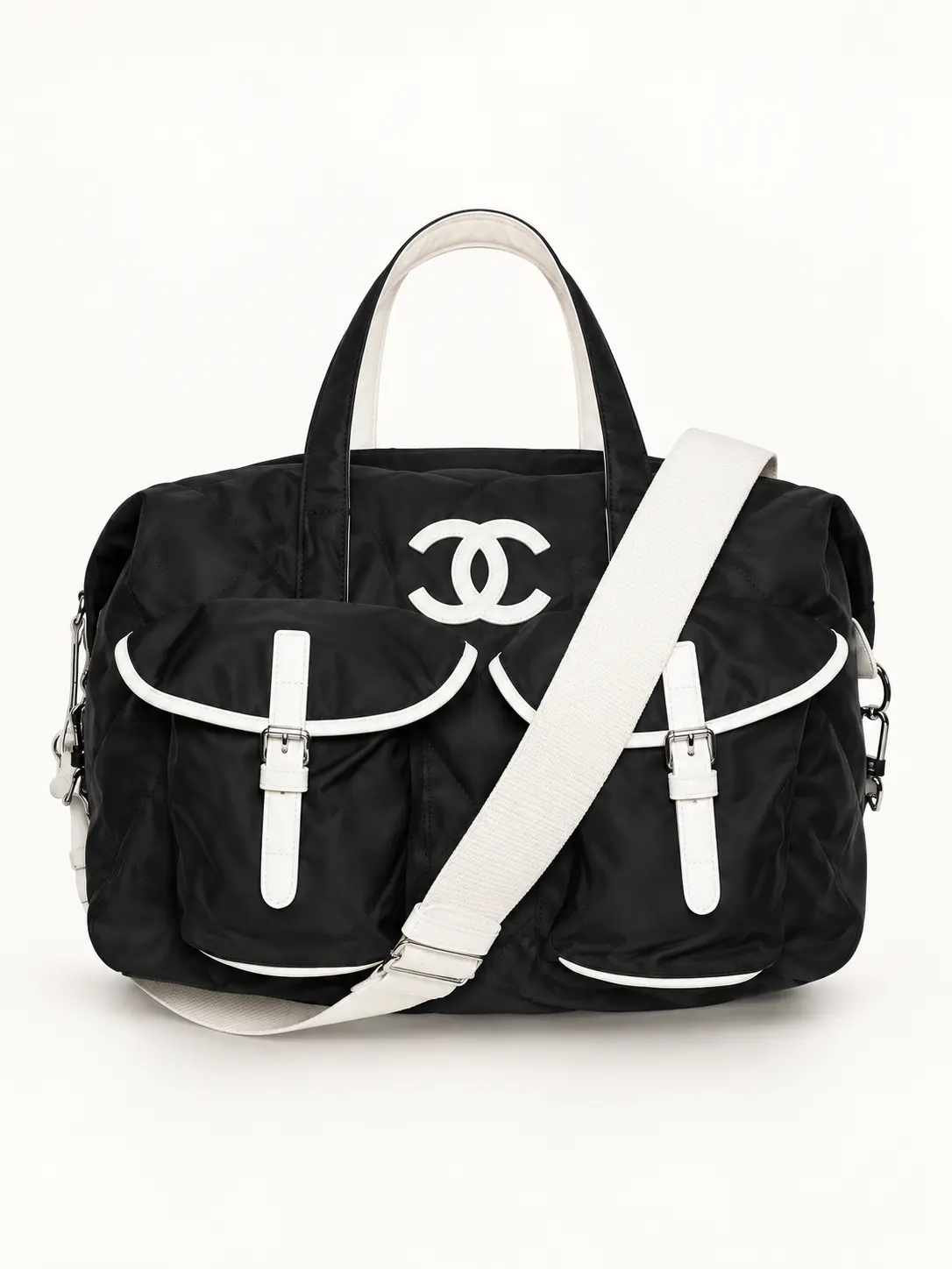 Black & White Quilted Multi-Pocket Tote Bag