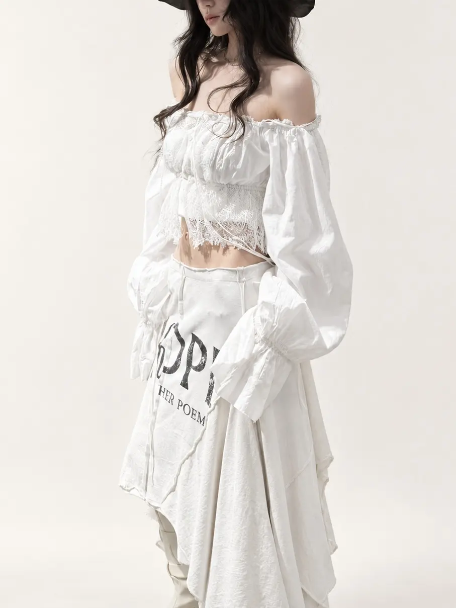 White Asymmetric Printed Maxi Skirt