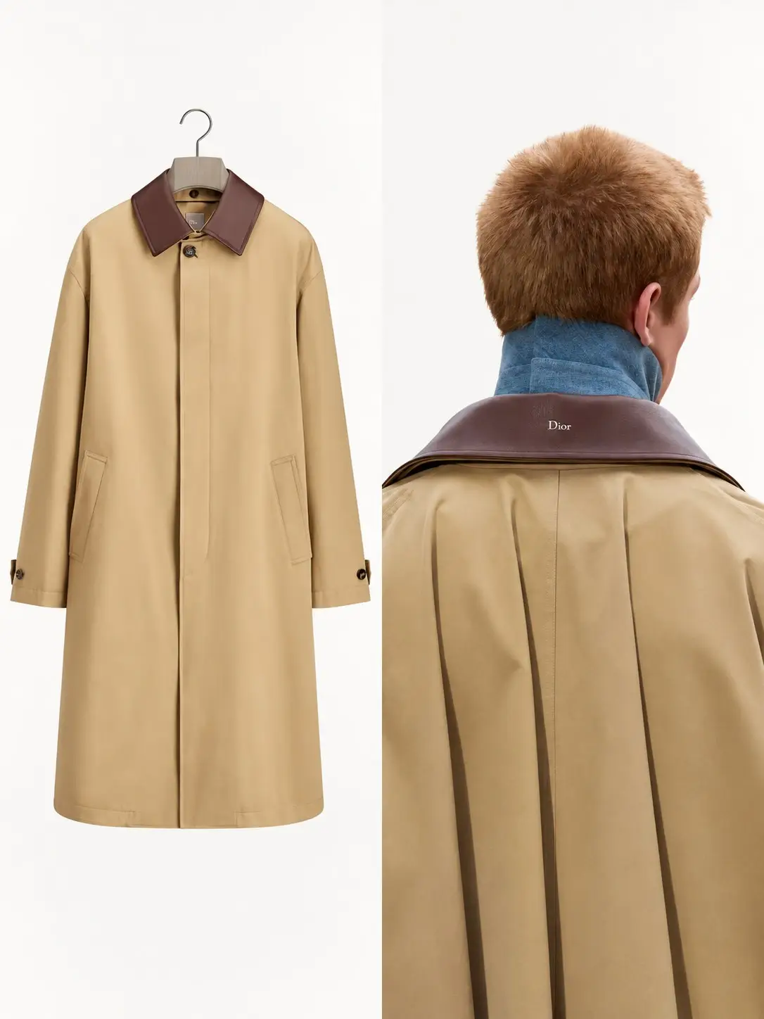 Leather-Collar Long Coat
